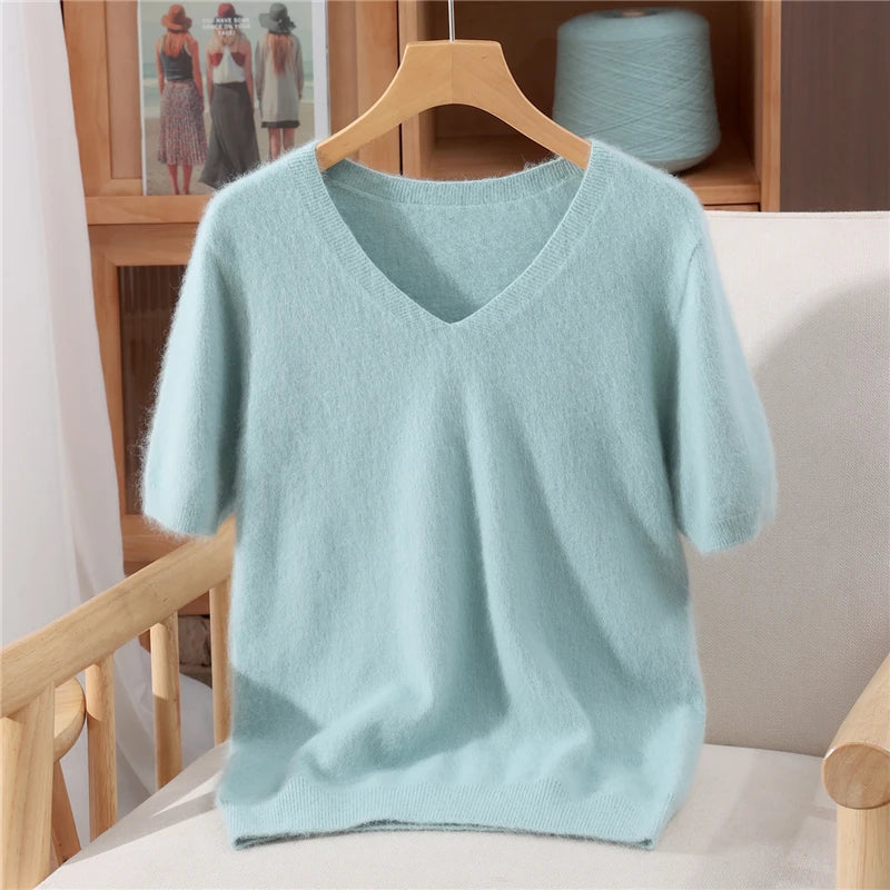 Women's 100% pure mink cashmere V-neck sweater T-shirt solid color knitted fashionable versatile short sleeved pullover sweater