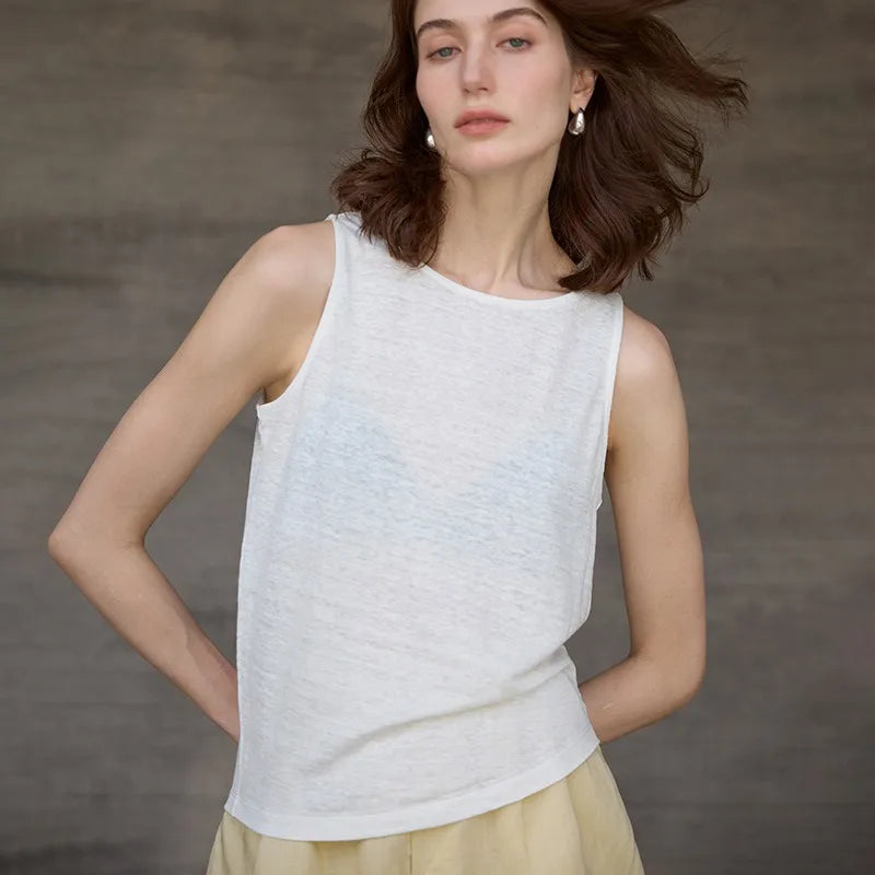 100% Hemp Knitted Thin Tank Top For Women Solid Color Summer Round Neck Sleeveless New Breathable Tops White Tops