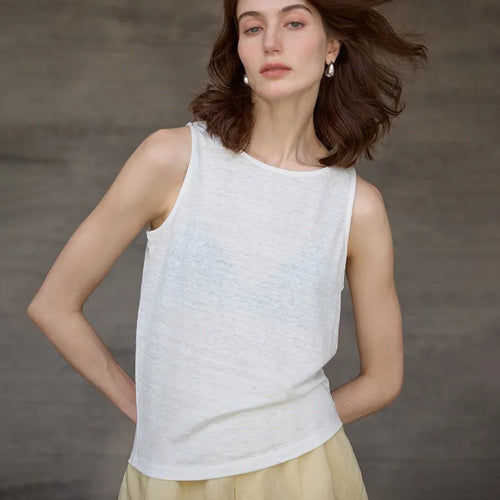 100% Hemp Knitted Thin Tank Top For Women Solid Color Summer Round Neck Sleeveless New Breathable Tops White Tops