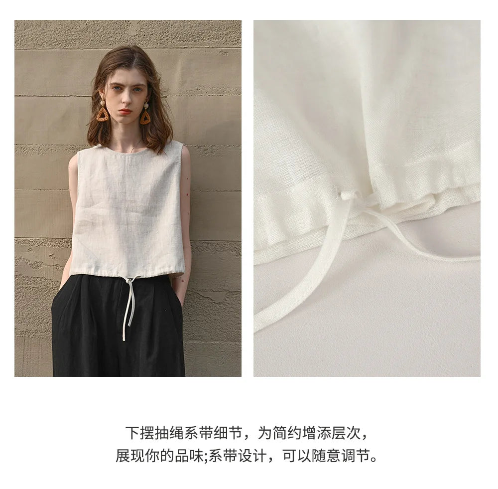 100% Linen Tank Top Women 2026 Summer Breathable Short Tops Sleeveless Casual Loose Cotton Linen Drawstring Crop Tops