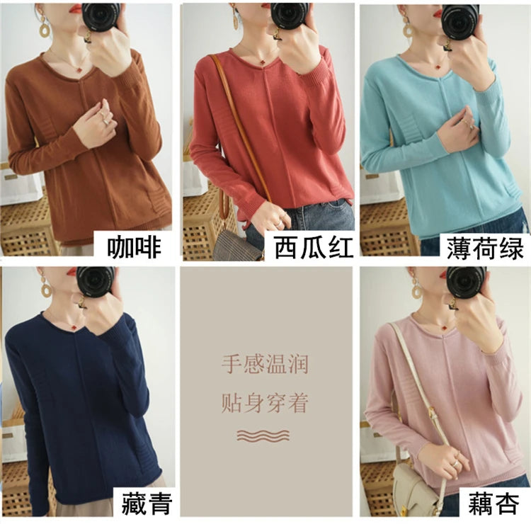 2023 Autumn/Winter Women's New Pullover Casual Solid 100% Cotton Knitted V-Neck Loose Sweater Fashion Soft Breathable Top