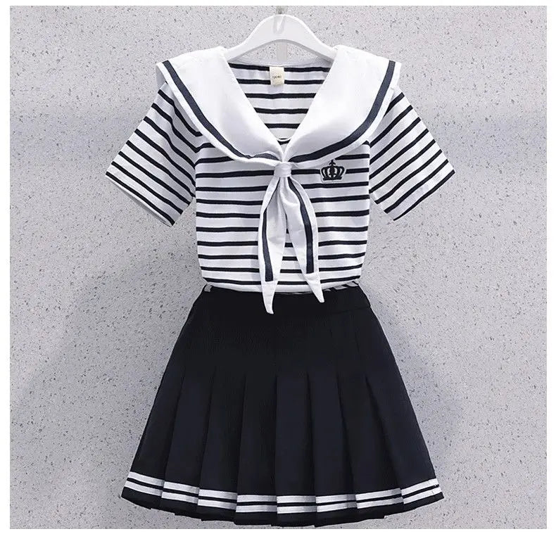 Girls Summer Casual Striped Sailor Collar Short Sleeve Suits 4 6 8 10 12 14 Years Girls JK Style Fashion Tops+Skirts 2pcs Sets