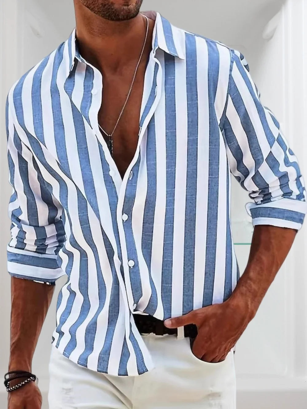 New Selected Men's Spring and Summer Retro Striped Shirts Long Sleeved Single Breasted Button Tops Trendy Casual Men's Clothing
