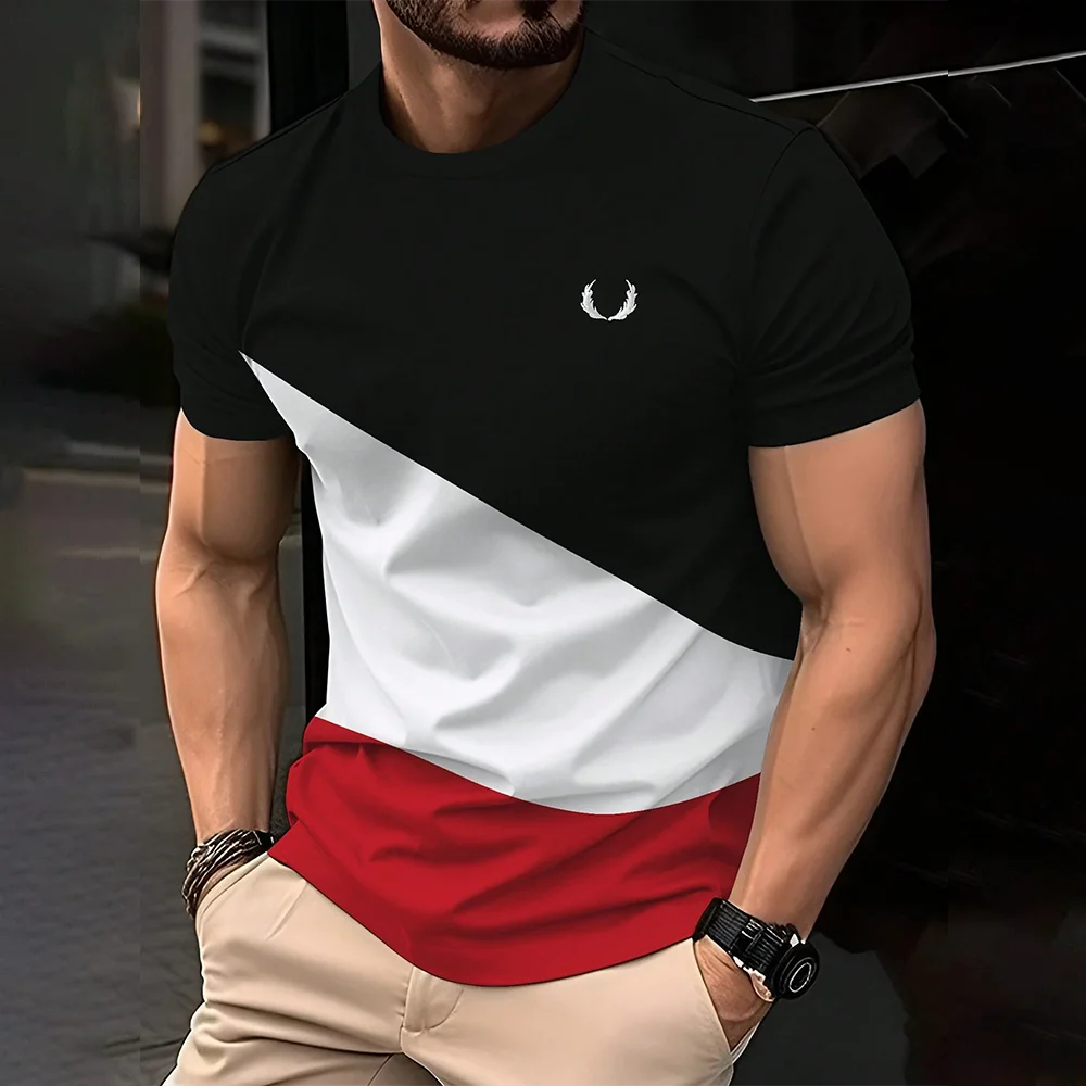 2025 Fashion Men's Color Blocking Printed T-Shirt Casual Street Male Crew Neck Short Sleeve T Shirt Large Size Menswear Clothing