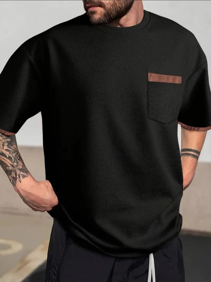 summer Casual breathable Men Tops Patchwork pocket sports pullover Textured Male Loose round collar short sleeve men T-shirts