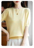 Fall/winter women's O-neck basic warm casual pullover fashion short sleeve 100% wool 22-color knitted sweater.