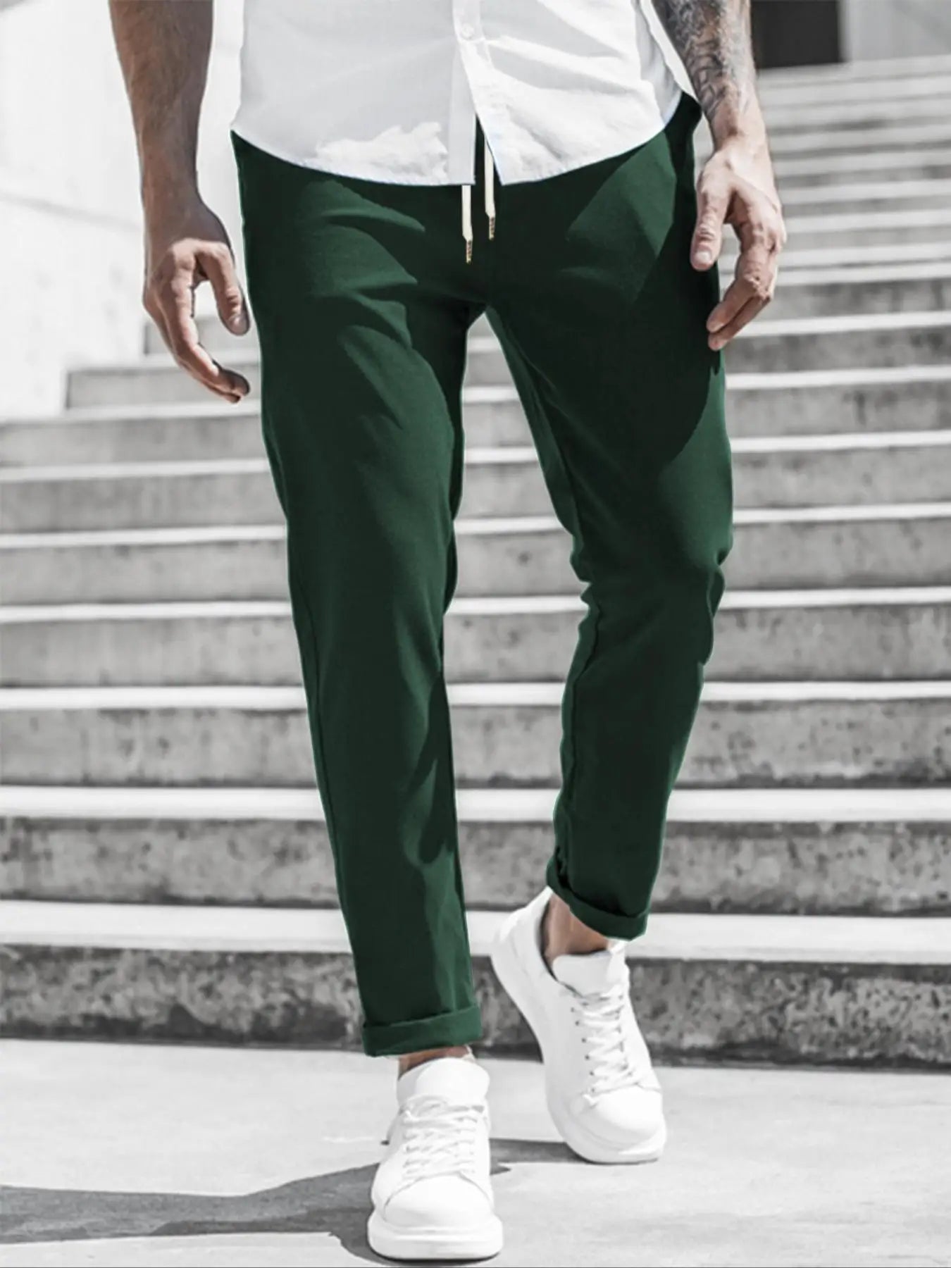 Men's Solid Color Casual Pants with Drawstring Waist Regular Fit Comfy Trousers with Pockets for Spring And Fall