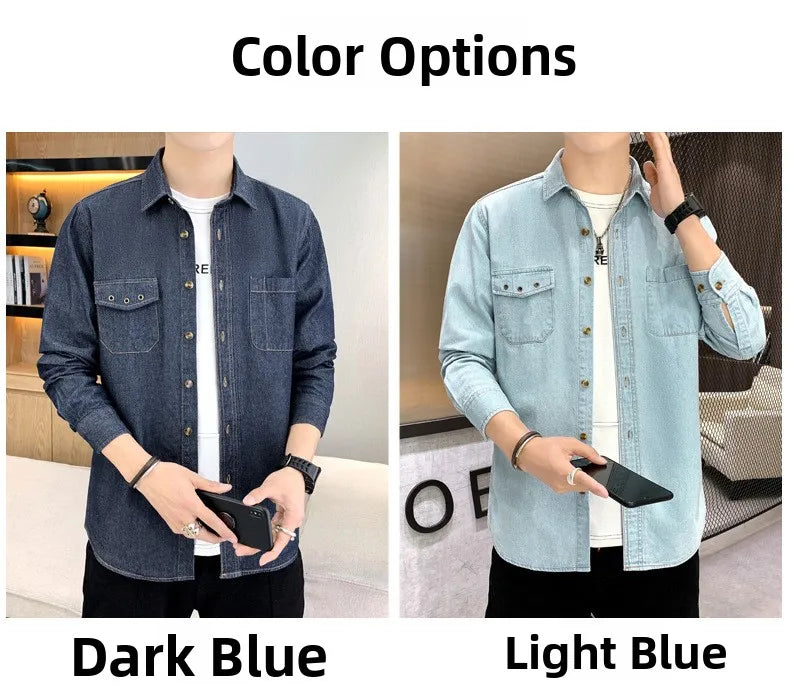 New Men's Denim Shirt Pure Cotton Washed Fashion Top Youth Style Japanese Design Autumn Collection Slim Fit Long Sleeve Casua...