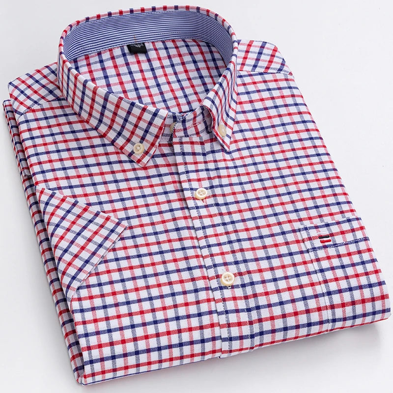 Men's Oxford Short Sleeve Square Collar Soild Plaid Striped Summer Casual Shirts Single Pocket Comfortable Cotton Shirt