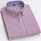 Men's Oxford Short Sleeve Square Collar Soild Plaid Striped Summer Casual Shirts Single Pocket Comfortable Cotton Shirt