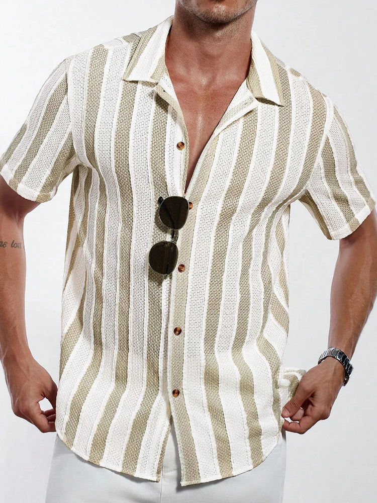 Vacation Casual Mens Knitted Shirts Short Sleeve Button-up Lapel Knit Shirt 2026 Spring Summer Stylish Patchwork Striped Shirts