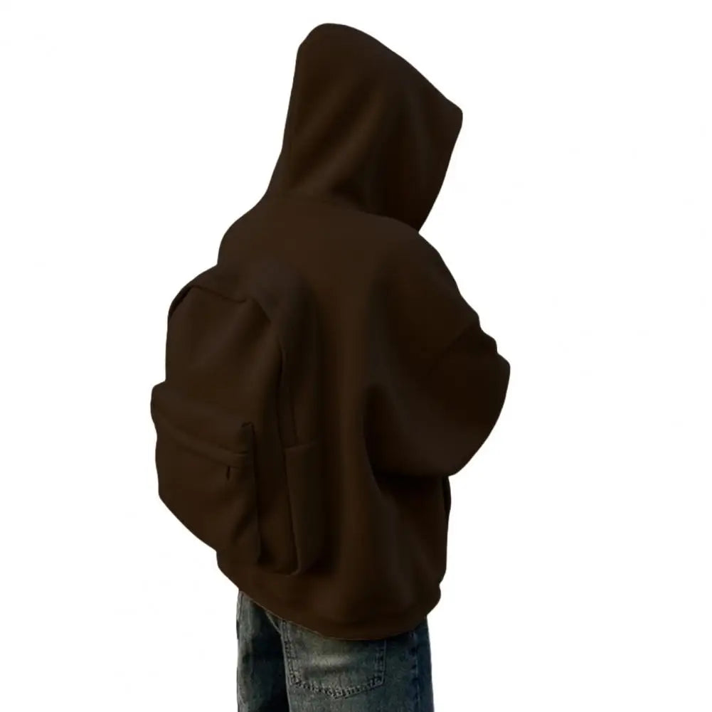 Men Backpack Sweatshirt Coat Long Sleeve Zipper Closure Hoodie with Schoolbag Design Solid Color Loose Fit Outerwear