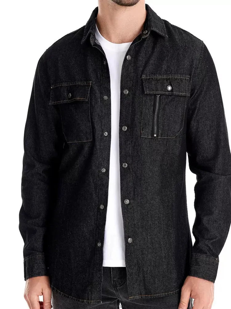 Autumn and Spring New Trend American Vintage Pure Cotton Long Sleeve Denim Shirt Men's Loose Sports Plus Size High-End Shirt