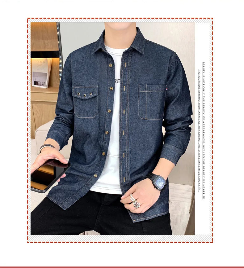 New Men's Denim Shirt Pure Cotton Washed Fashion Top Youth Style Japanese Design Autumn Collection Slim Fit Long Sleeve Casua...