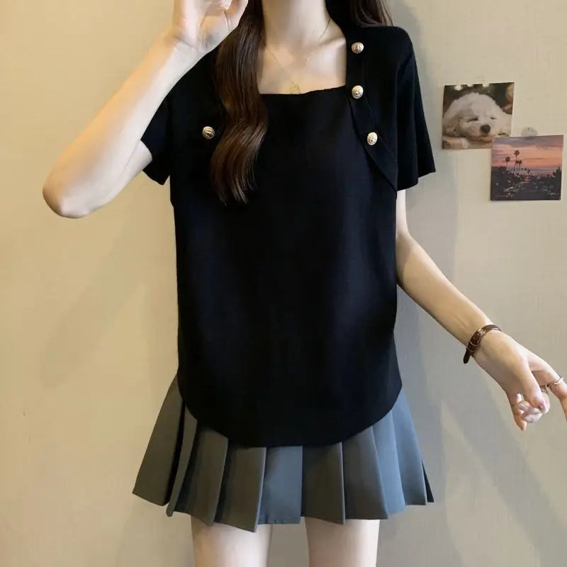 Women Plus Size Square Neck Ice Silk Irregular Hem Short Sleeve T Shirt Loose Slimming Casual Summer Top