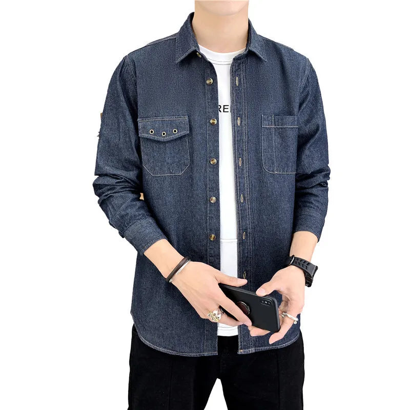 New Men's Denim Shirt Pure Cotton Washed Fashion Top Youth Style Japanese Design Autumn Collection Slim Fit Long Sleeve Casua...