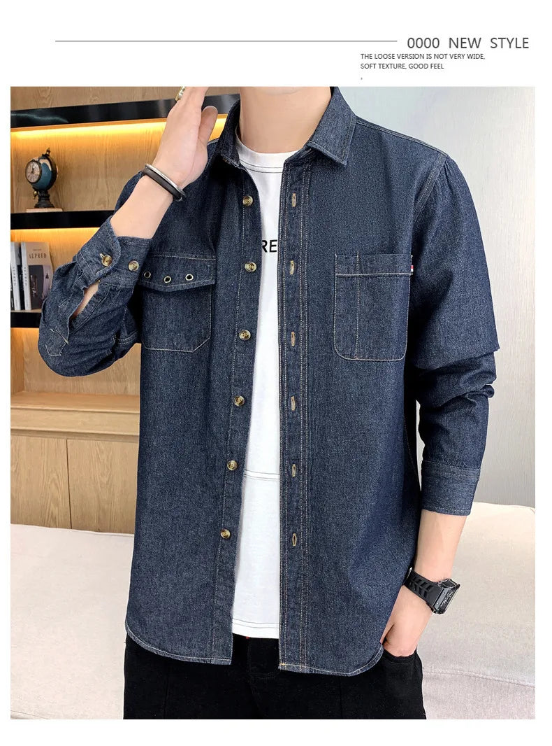 New Men's Denim Shirt Pure Cotton Washed Fashion Top Youth Style Japanese Design Autumn Collection Slim Fit Long Sleeve Casua...