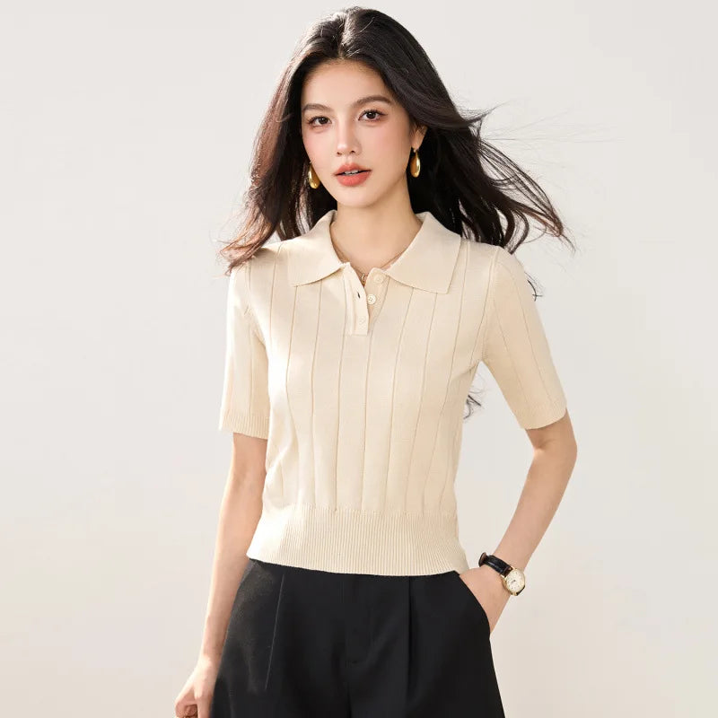 Plus Size Pure Color Polo Shirt Knitted Short Sleeve Ice Silk Short Style Slimming Collar T-Shirt Women Summer Korean Version...
