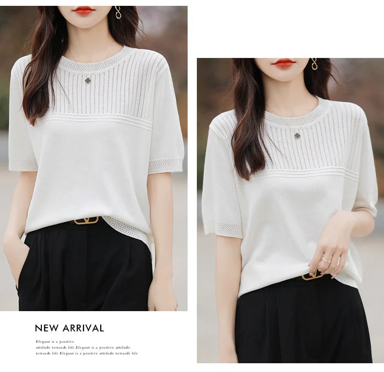 Women Sweater Short Sleeve Spring Summer O-neck Bottoming Shirts Casual Korean Knitted Pullovers Solid Loose Hollow Out Jumpers