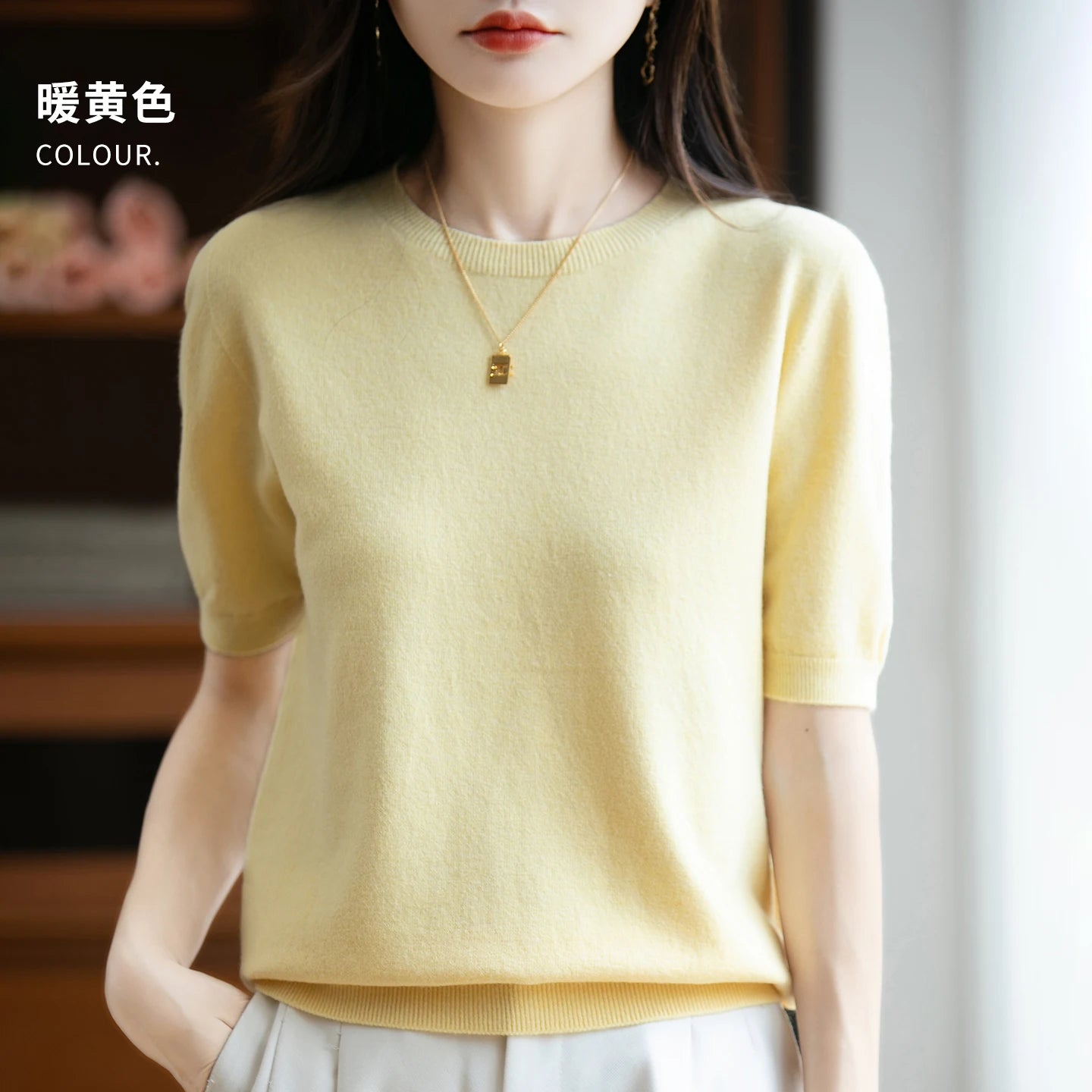 Fall/winter women's O-neck basic warm casual pullover fashion short sleeve 100% wool 22-color knitted sweater.