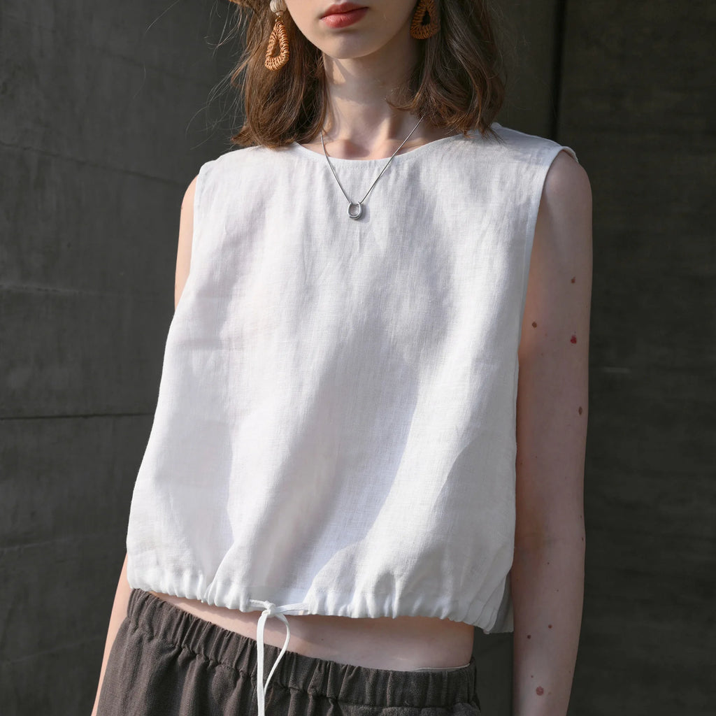 100% Linen Tank Top Women 2026 Summer Breathable Short Tops Sleeveless Casual Loose Cotton Linen Drawstring Crop Tops