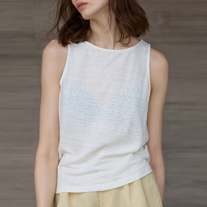 100% Hemp Knitted Thin Tank Top For Women Solid Color Summer Round Neck Sleeveless New Breathable Tops White Tops