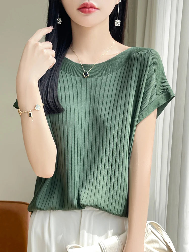 Summer Thin Ice Silk Knitted Loose T-Shirt Women's Short Sleeve Versatile Top Breathable Cool Feeling Pure Color Basic Fit