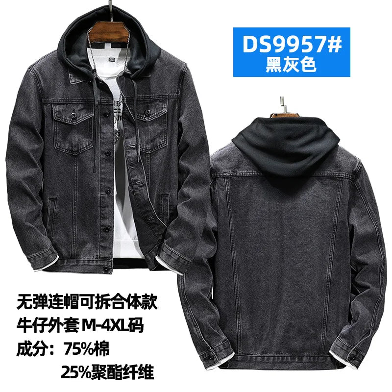 Casual Men's Denim Jacket Spring Autumn American Simple Trendy Hoodie Detachable Breathable Wear Resistant Windproof Sweat AB...