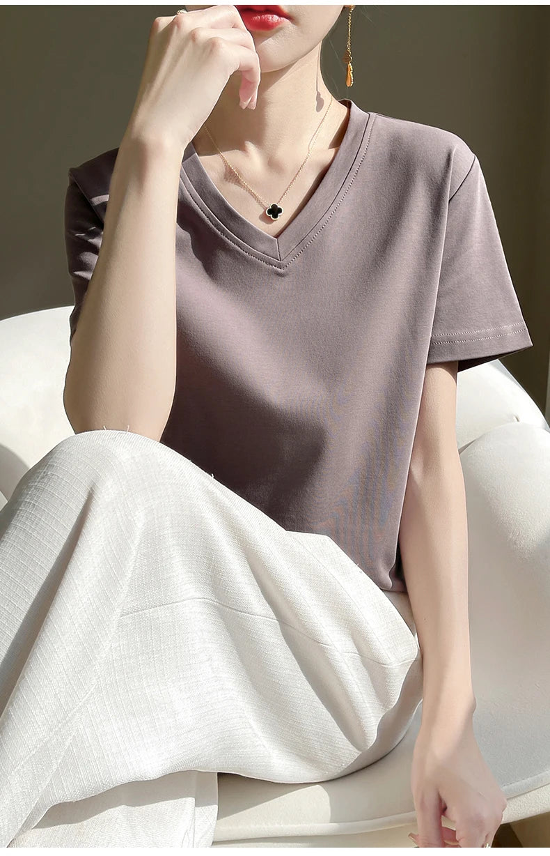 Summer V-neck 100% Cotton Short-Sleeved T-Shirt Women's Loose Mercerized Cotton Half-Sleeve Bottoming Shirt White High-end Top