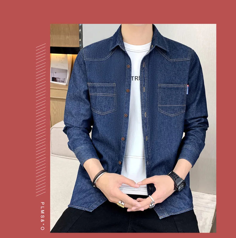 New Men's Denim Shirt Pure Cotton Washed Fashion Top Youth Style Japanese Design Autumn Collection Slim Fit Long Sleeve Casua...