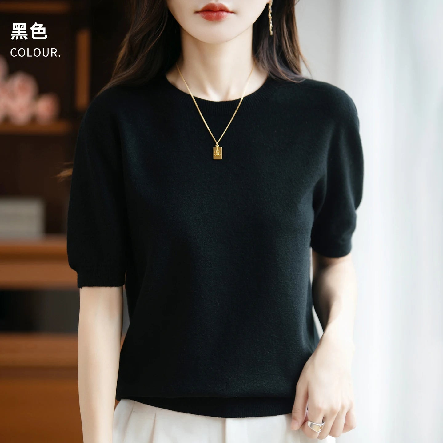 Fall/winter women's O-neck basic warm casual pullover fashion short sleeve 100% wool 22-color knitted sweater.