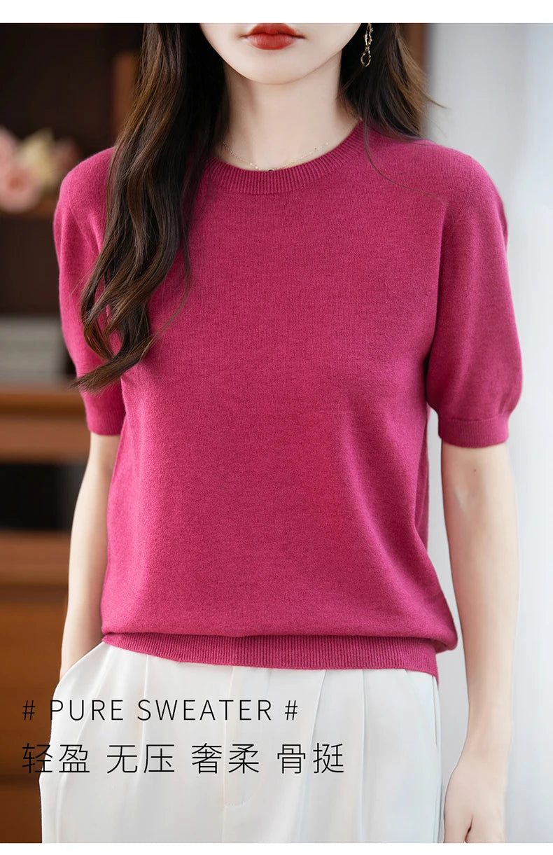 Fall/winter women's O-neck basic warm casual pullover fashion short sleeve 100% wool 22-color knitted sweater.