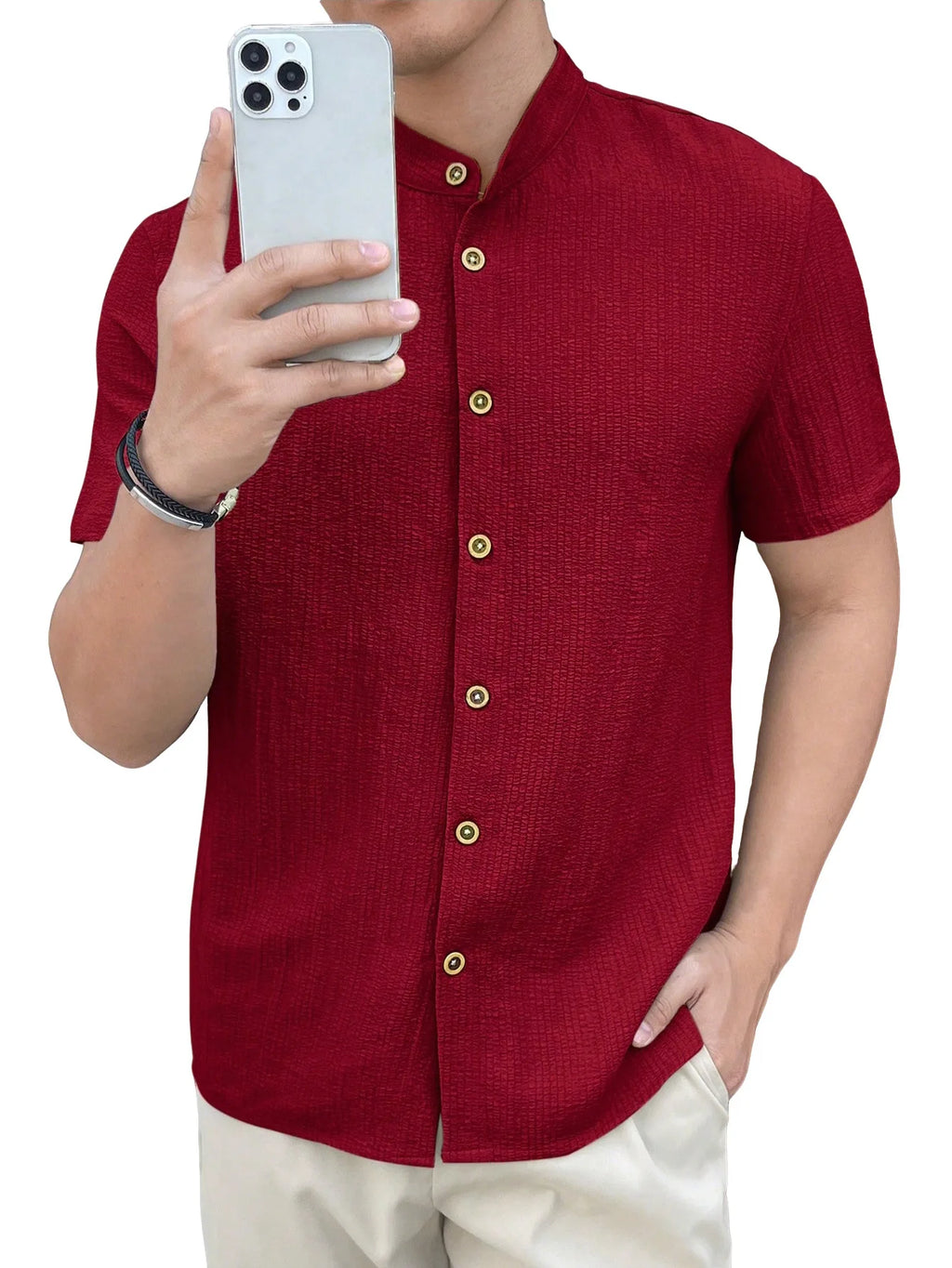 Casual Summer Shirt Men's Stand Collar Short Sleeve Light Maturity Leisure T-Shirt Open Cardigan Polyester Quick Dry Anti-Def...