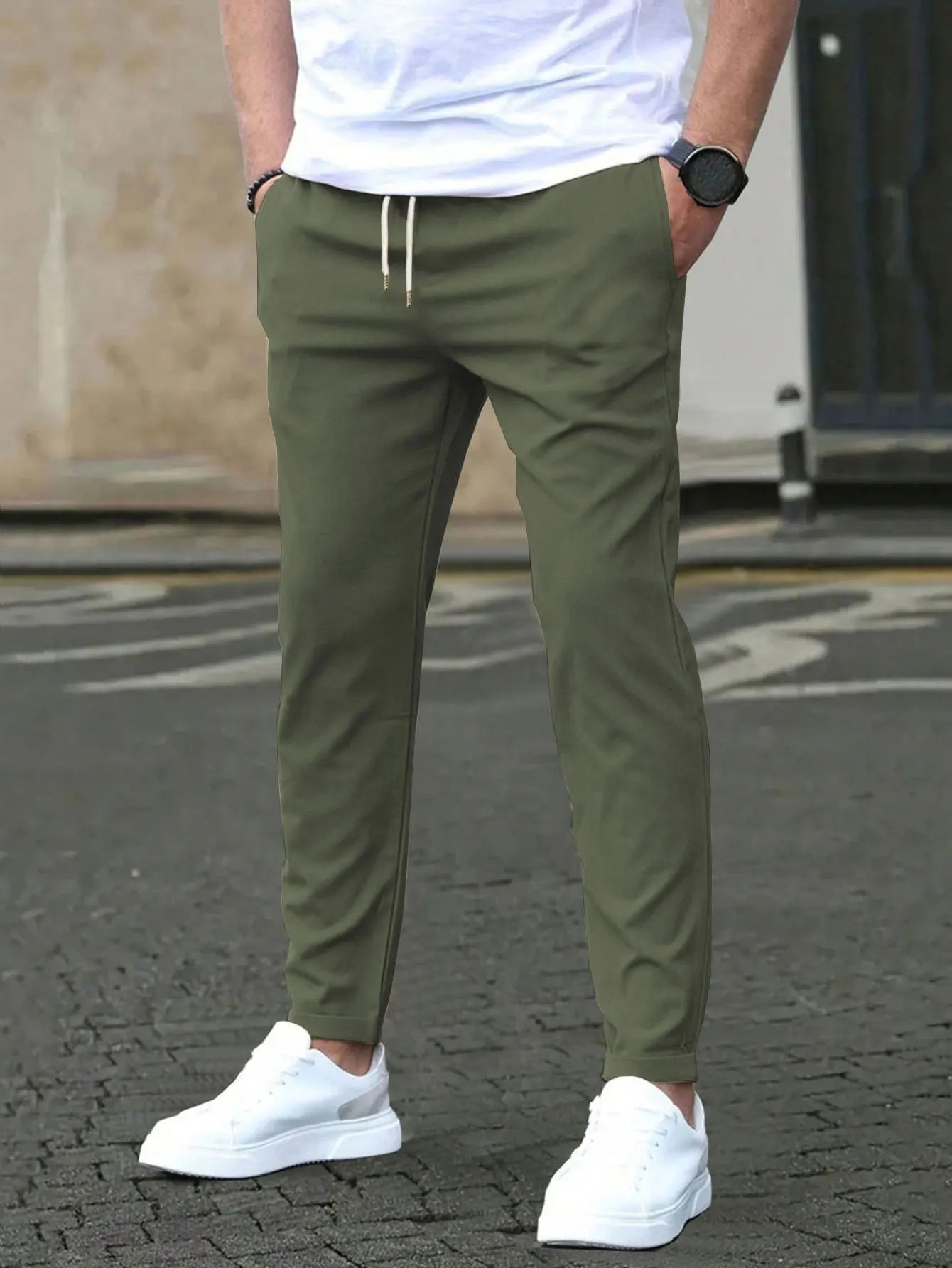 Men's Solid Color Drawstring Waist Casual Pants Regular Fit Comfy Trousers with Pockets for Spring And Fall