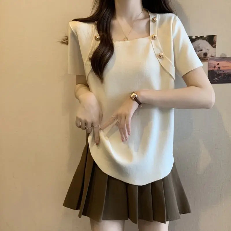 Women Plus Size Square Neck Ice Silk Irregular Hem Short Sleeve T Shirt Loose Slimming Casual Summer Top
