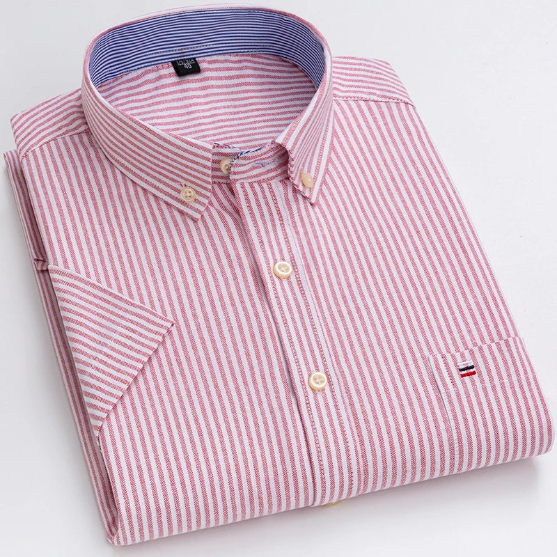 Men's Oxford Short Sleeve Square Collar Soild Plaid Striped Summer Casual Shirts Single Pocket Comfortable Cotton Shirt
