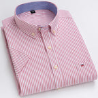 Men's Oxford Short Sleeve Square Collar Soild Plaid Striped Summer Casual Shirts Single Pocket Comfortable Cotton Shirt