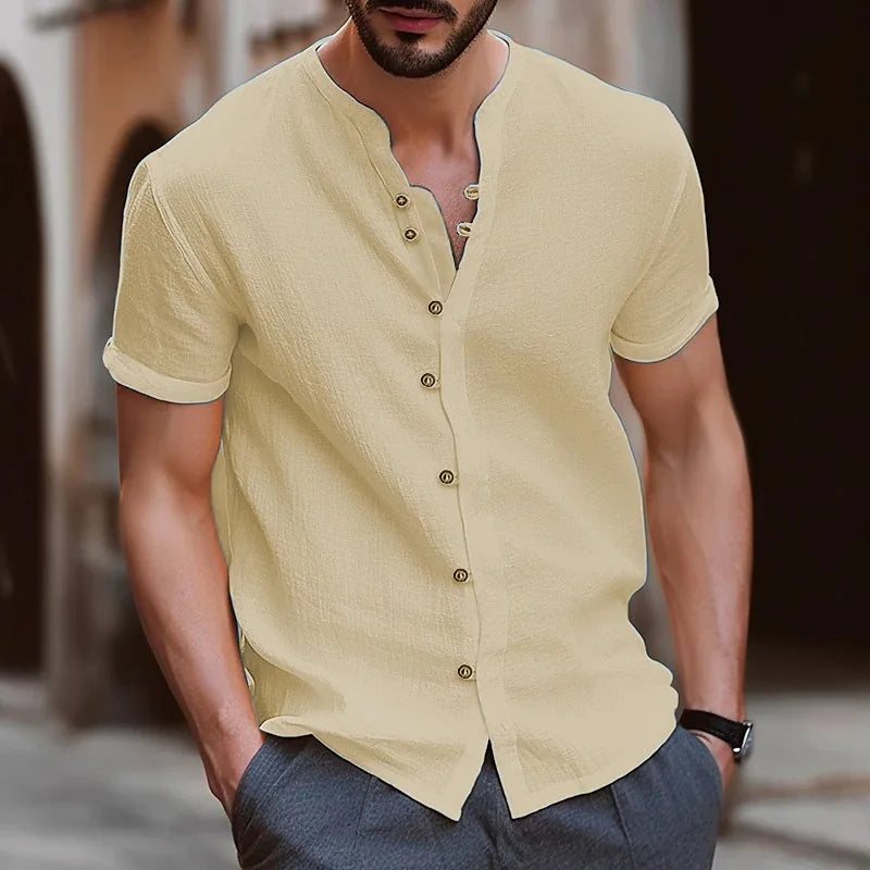 2026 Fashion Men's New Short-Sleeved T-Shirt Fashion Men's Retro Buttoned Cotton-Linen Casual Short-Sleeved Shirt