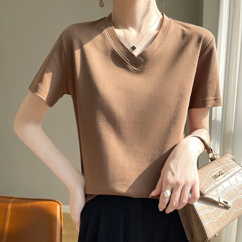 Summer V-neck 100% Cotton Short-Sleeved T-Shirt Women's Loose Mercerized Cotton Half-Sleeve Bottoming Shirt White High-end Top