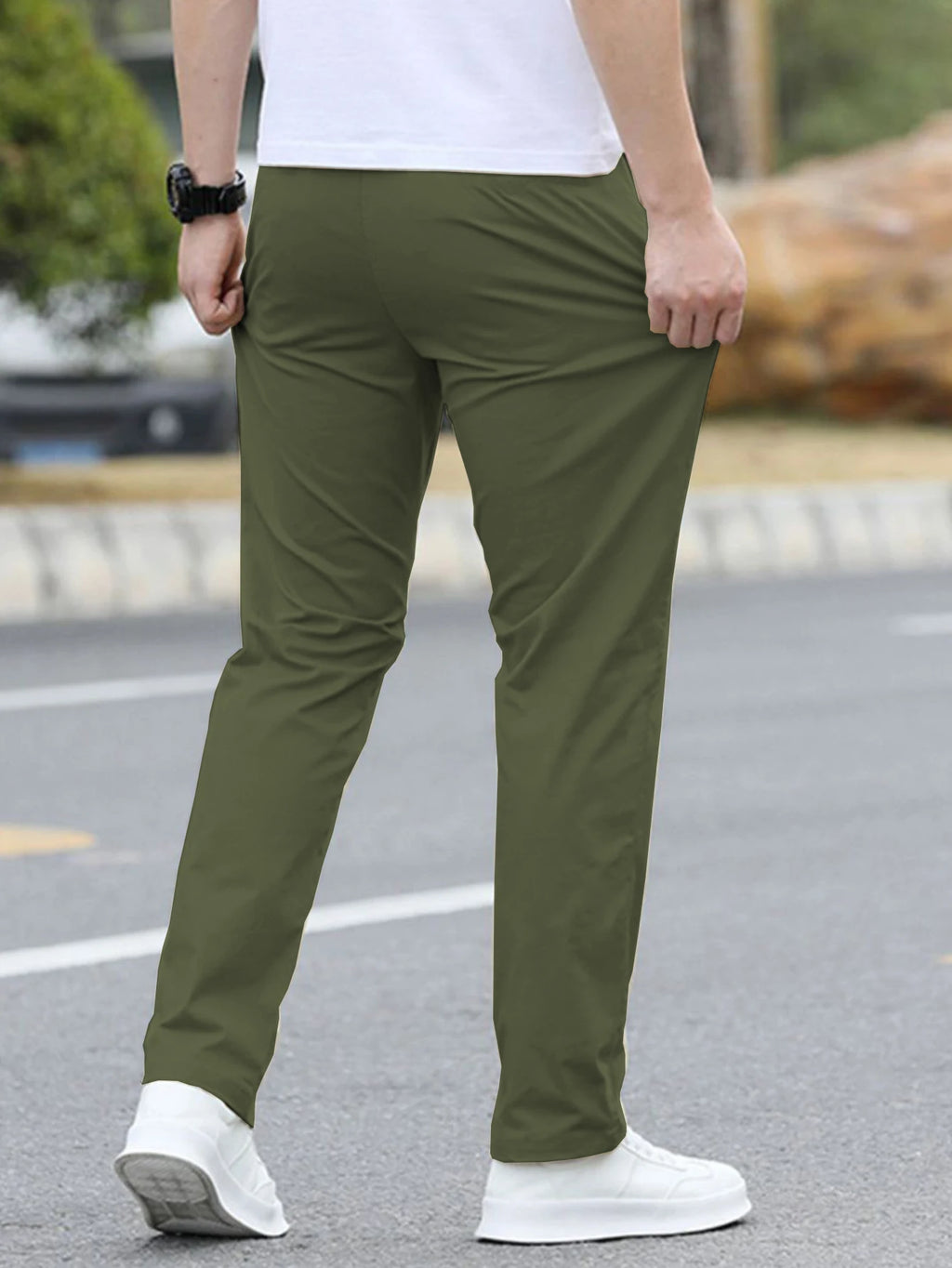 Men's Solid Color Casual Fashion Trousers with Drawstring Waist Regular Fit Pocket Trousers