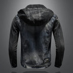 Men Spliced Hooded Washed Denim Jacket Long Sleeve Cardigan Single Breasted Outerwear Loose Coats Pockets High Street Button