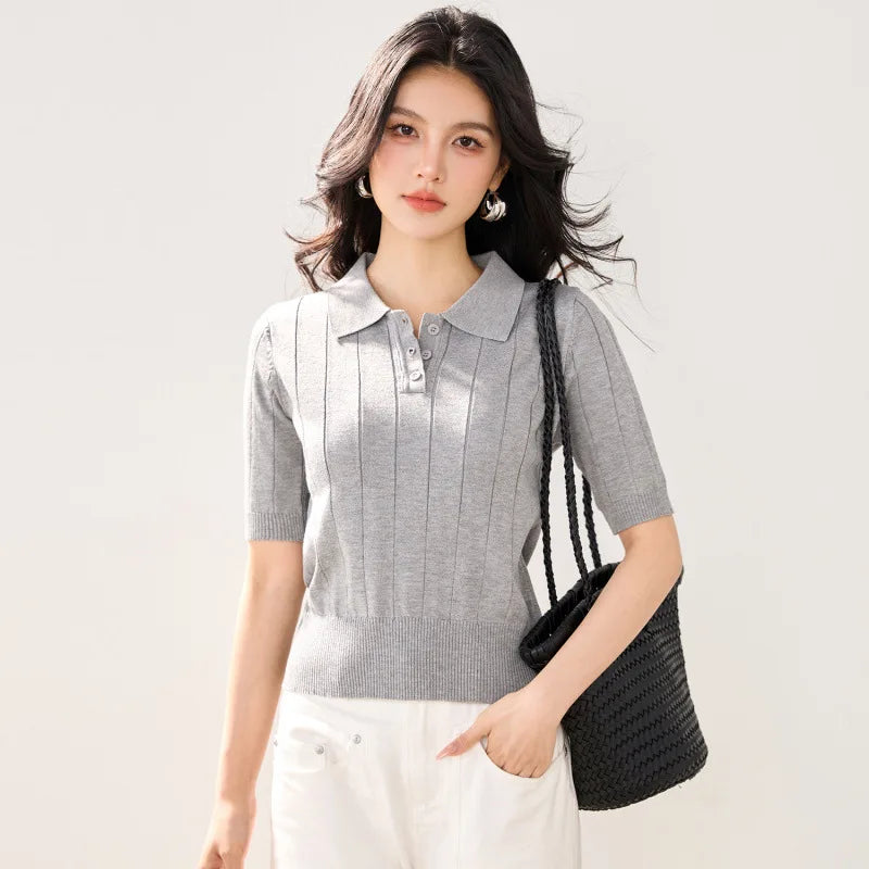 Plus Size Pure Color Polo Shirt Knitted Short Sleeve Ice Silk Short Style Slimming Collar T-Shirt Women Summer Korean Version...