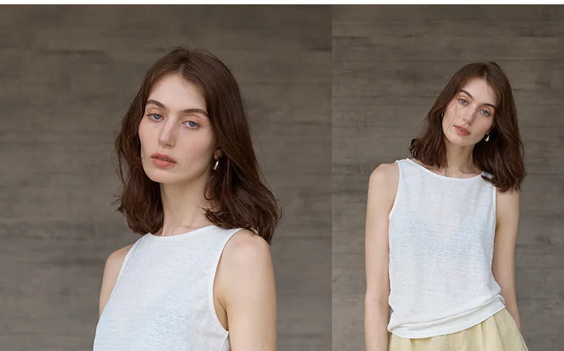 100% Hemp Knitted Thin Tank Top For Women Solid Color Summer Round Neck Sleeveless New Breathable Tops White Tops