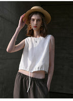 100% Linen Tank Top Women 2026 Summer Breathable Short Tops Sleeveless Casual Loose Cotton Linen Drawstring Crop Tops