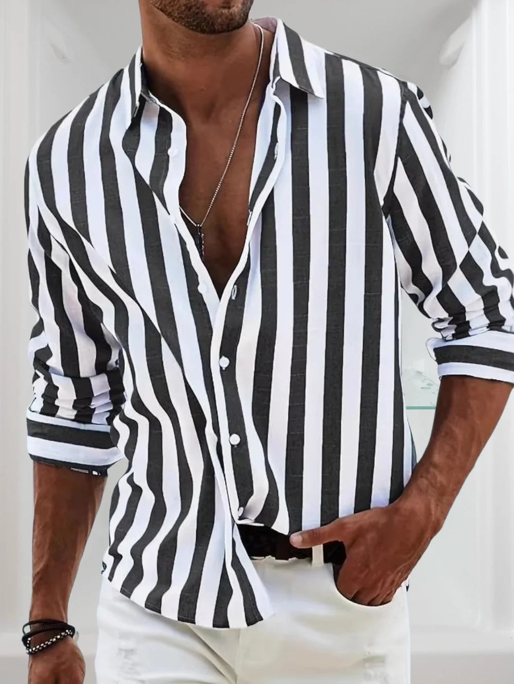 New Selected Men's Spring and Summer Retro Striped Shirts Long Sleeved Single Breasted Button Tops Trendy Casual Men's Clothing