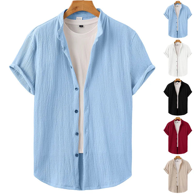 Casual Summer Shirt Men's Stand Collar Short Sleeve Light Maturity Leisure T-Shirt Open Cardigan Polyester Quick Dry Anti-Def...