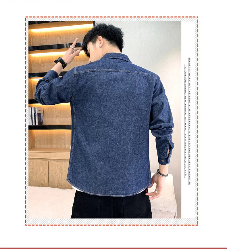 New Men's Denim Shirt Pure Cotton Washed Fashion Top Youth Style Japanese Design Autumn Collection Slim Fit Long Sleeve Casua...
