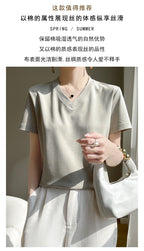 Summer V-neck 100% Cotton Short-Sleeved T-Shirt Women's Loose Mercerized Cotton Half-Sleeve Bottoming Shirt White High-end Top