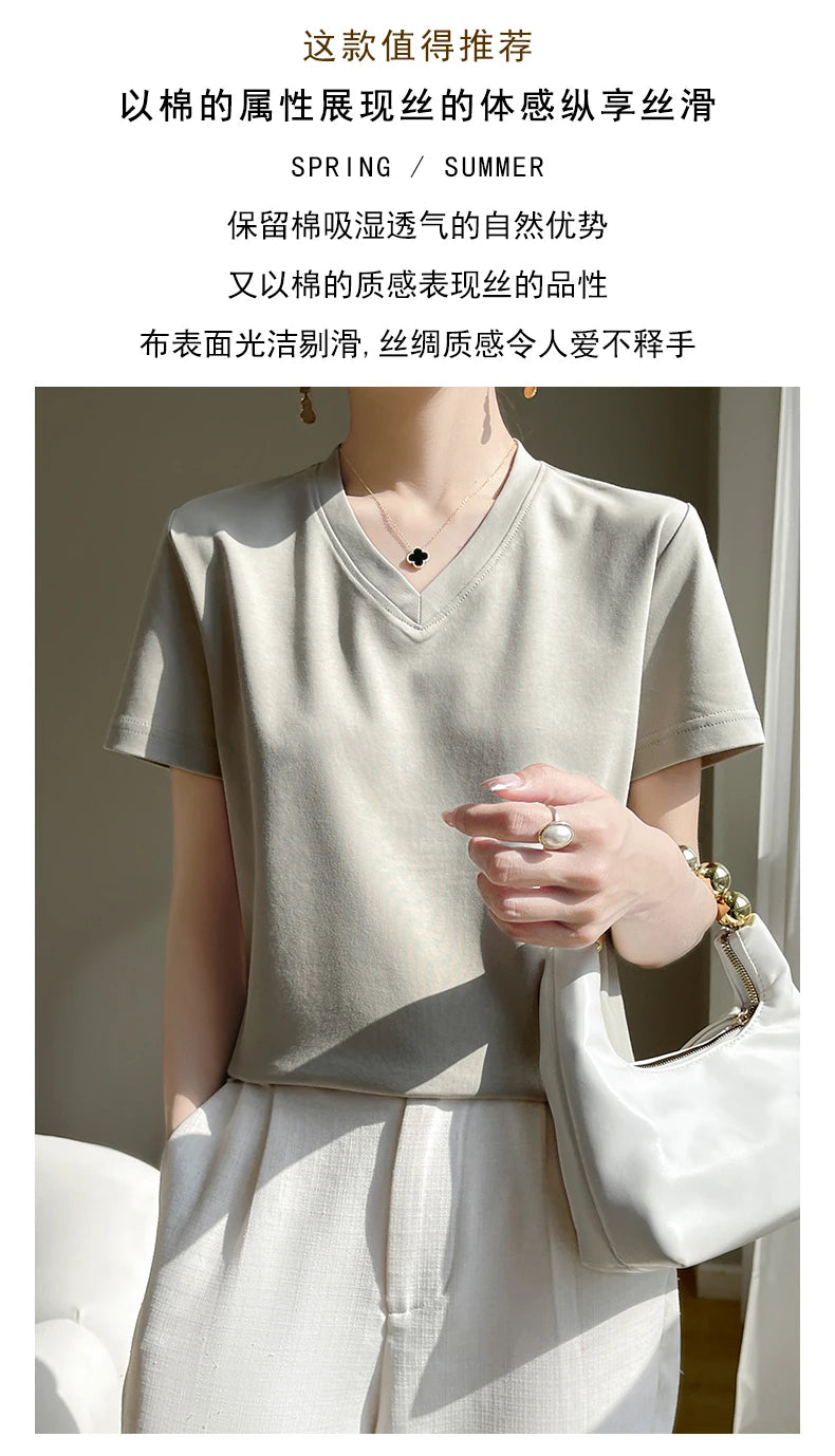 Summer V-neck 100% Cotton Short-Sleeved T-Shirt Women's Loose Mercerized Cotton Half-Sleeve Bottoming Shirt White High-end Top