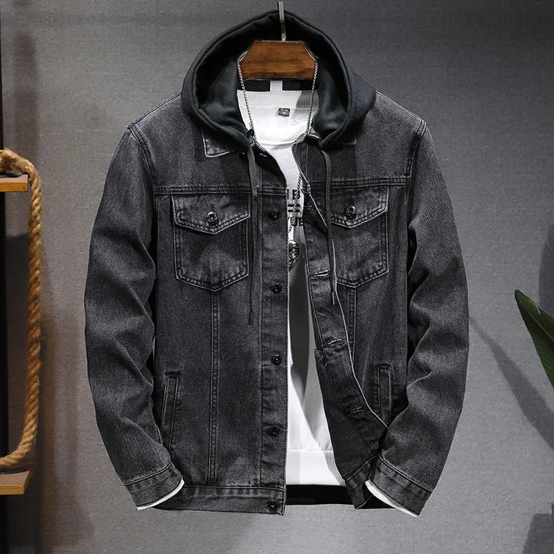 Casual Men's Denim Jacket Spring Autumn American Simple Trendy Hoodie Detachable Breathable Wear Resistant Windproof Sweat AB...